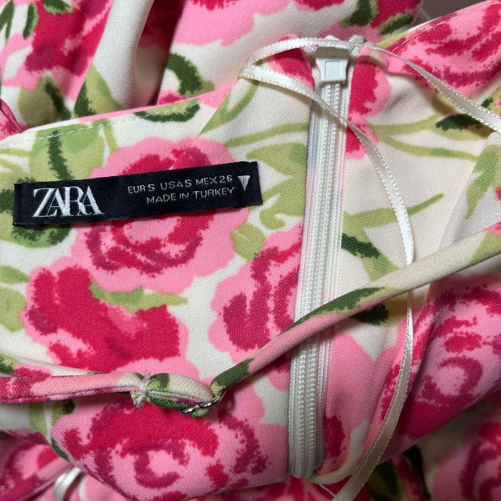 Zara Strapless Floral Pink and Green Dress Size Small - Picture 12 of 16